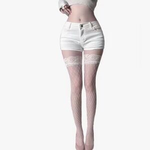 White High-Waisted Shorts with Fishnet Stockings